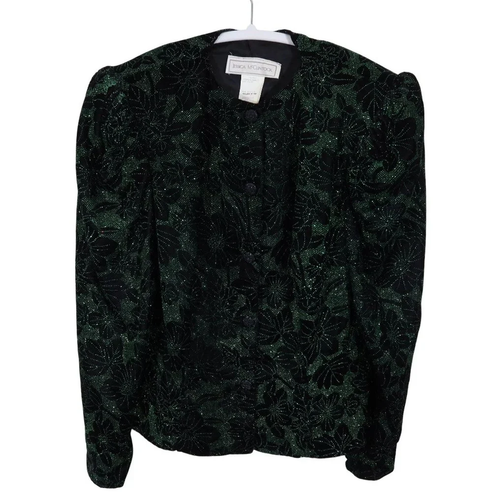 Vintage JESSICA MCCLINTOCK Size 12 Black Green Velvet Sparkle Puff Sleeve Jacket - Picture 1 of 7